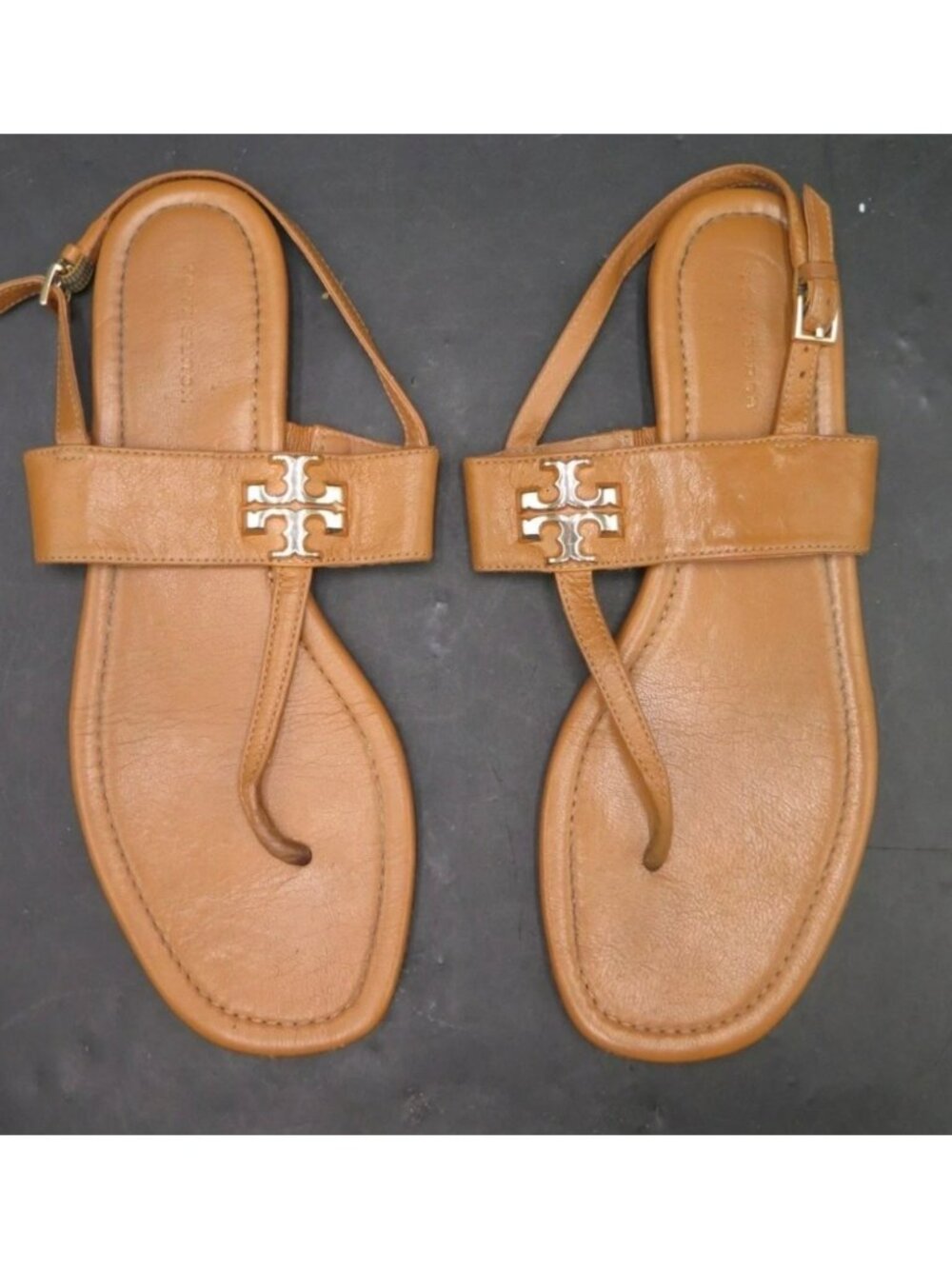 Tory Burch Tan Leather Thong Sandals With Gold Logo Hardware Size 8M